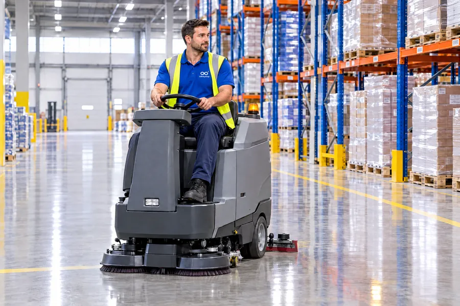 Profissional da InfinityLimp a lavar o pavimento de um armazém com uma máquina lavadora industrial
