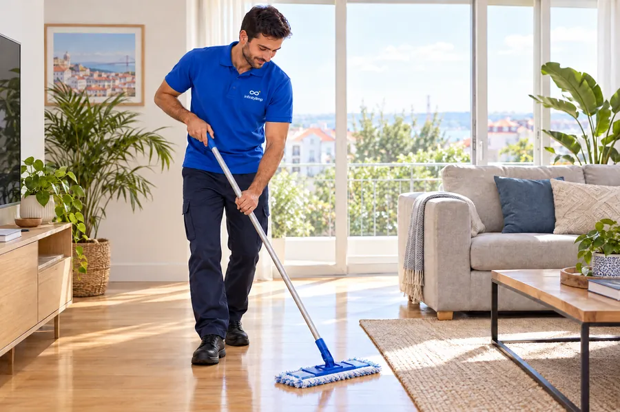 Profissional da InfinityLimp a limpar o chão da sala de uma casa de família